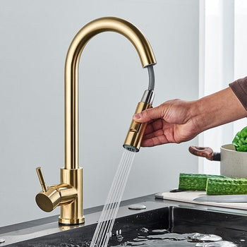 Quyanre Brushed Gold Kitchen Faucet Pull Out Kitchen Sink Water Tap Single Handle Mixer Tap 360 Rotation Kitchen Shower Faucet 0 Design & Casa