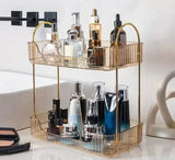 1 PCs Sotrage Shelf Stylish Desk Organizer with Rack, Holder, and Display Shelf for Skincare, Perfume, and Dresser Items Design & Casa Gold Bilayer 