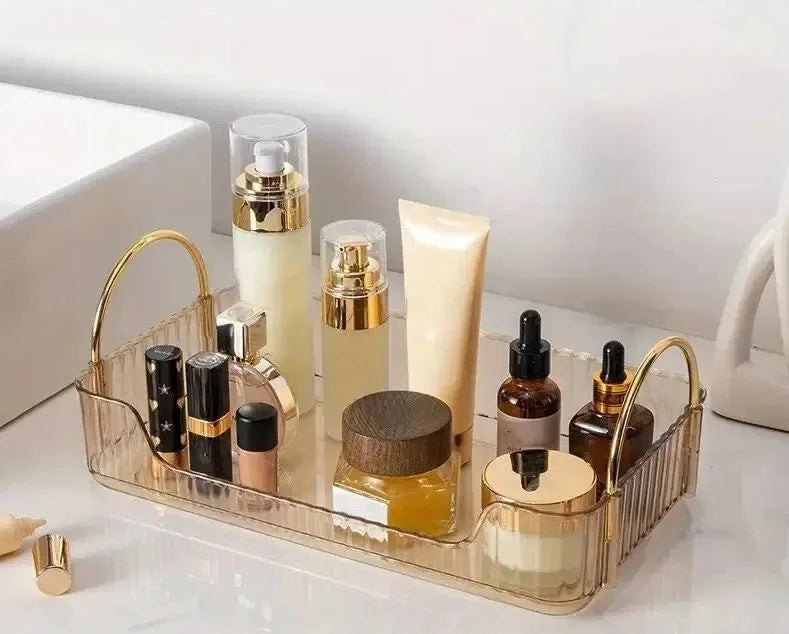 1 PCs Sotrage Shelf Stylish Desk Organizer with Rack, Holder, and Display Shelf for Skincare, Perfume, and Dresser Items Design & Casa Gold Single Layer 