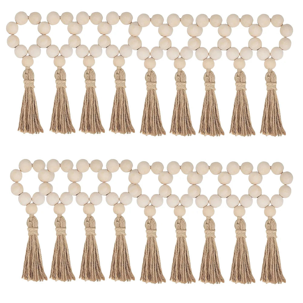 1/12PCS Wood Bead Napkin Rings Garland With Tassels Farmhouse Beads Rustic Country Table Napkin Holder Weddings Home Boho Decor Design & Casa 18PCS 