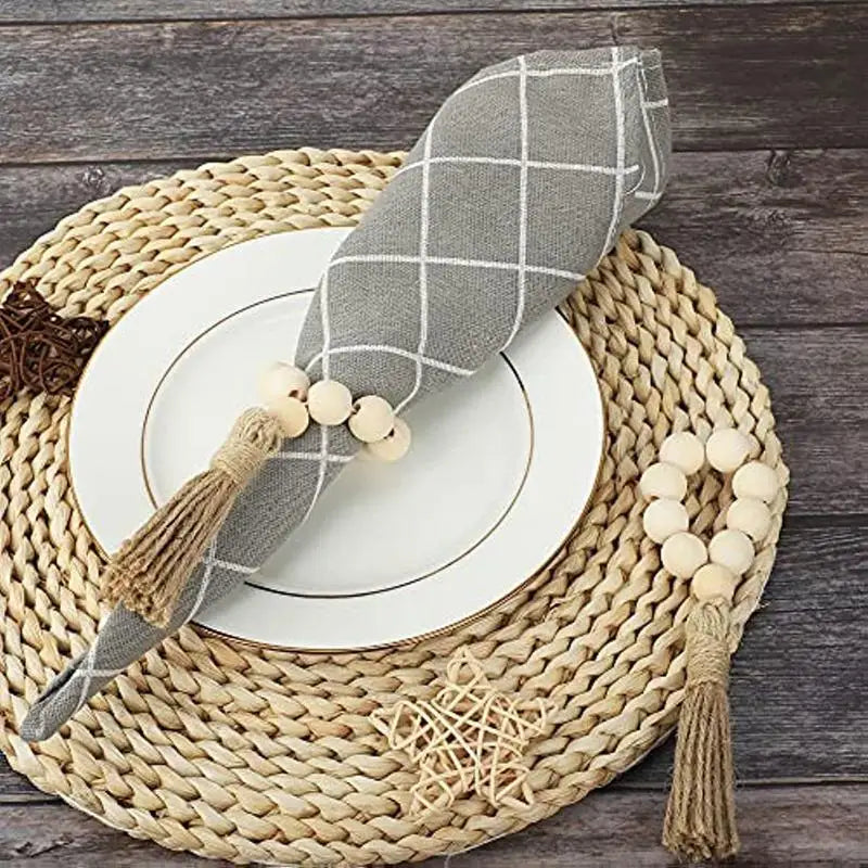 1/12PCS Wood Bead Napkin Rings Garland With Tassels Farmhouse Beads Rustic Country Table Napkin Holder Weddings Home Boho Decor Design & Casa 