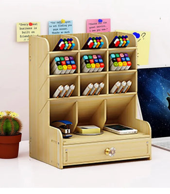 1pc Wooden Desk Organizer Multi-Functional DIY Pen Holder Storage Box Desktop Stationary Storage Rack for Home Office and School Design & Casa Beige 