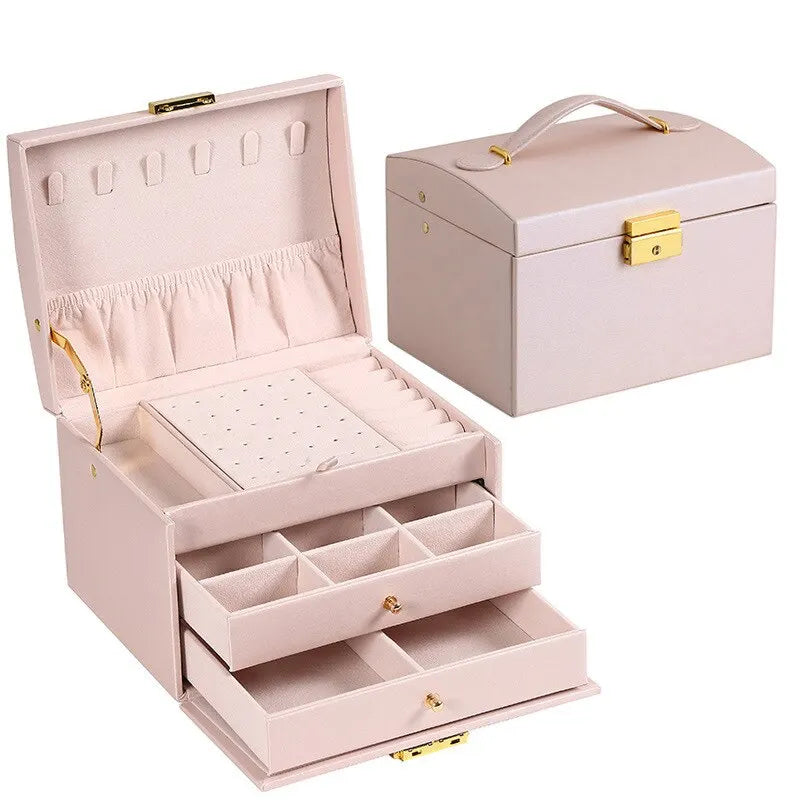 1pcs Multi Functional Three Layer Leather Drawer Style Jewelry Box Earrings Earrings Lock Jewelry Box Design & Casa 