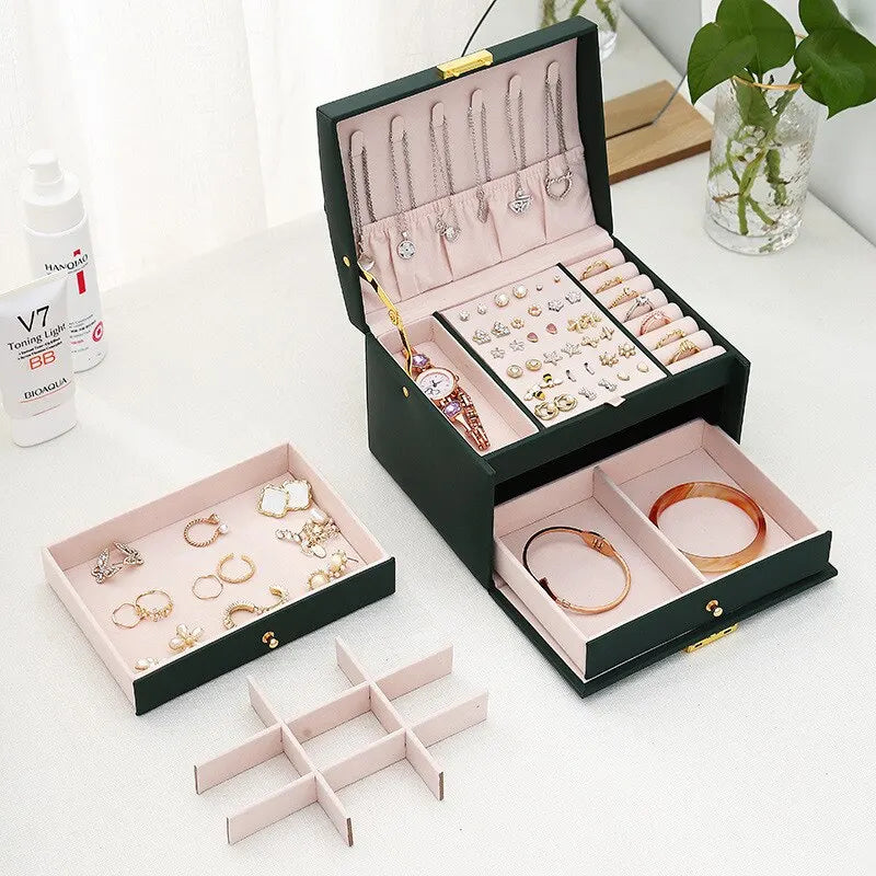 1pcs Multi Functional Three Layer Leather Drawer Style Jewelry Box Earrings Earrings Lock Jewelry Box Design & Casa 