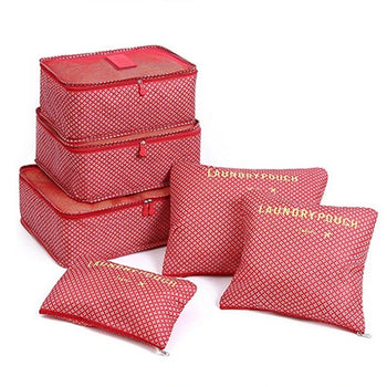 6pcs Travel Storage Organizer Bags Portable Travel Suitcase Organizer Bags For Women Clothes Shoes Makeup Bag Luggage Organizer Design & Casa L-Red stars 