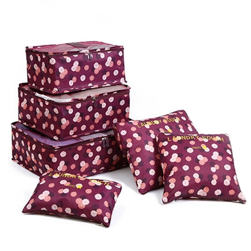 6pcs Travel Storage Organizer Bags Portable Travel Suitcase Organizer Bags For Women Clothes Shoes Makeup Bag Luggage Organizer Design & Casa L-Wine red flower 