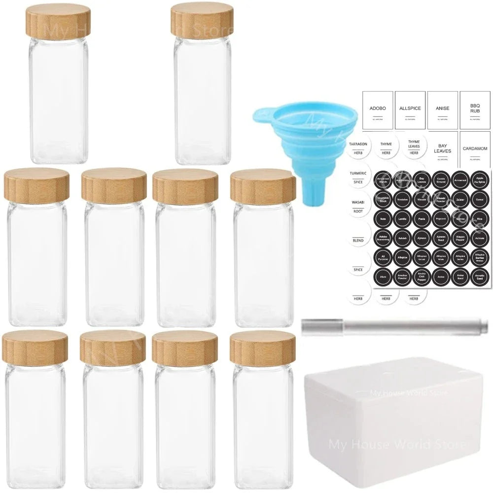 Conjunto De Potes Para Temperos De Vidro Com Tampa De Bambu Conjunto De Potes Para Temperos De Vidro Com Tampa De Bambu LightHousi 10 Potes+ Funil + Etiqueta + Marcador 