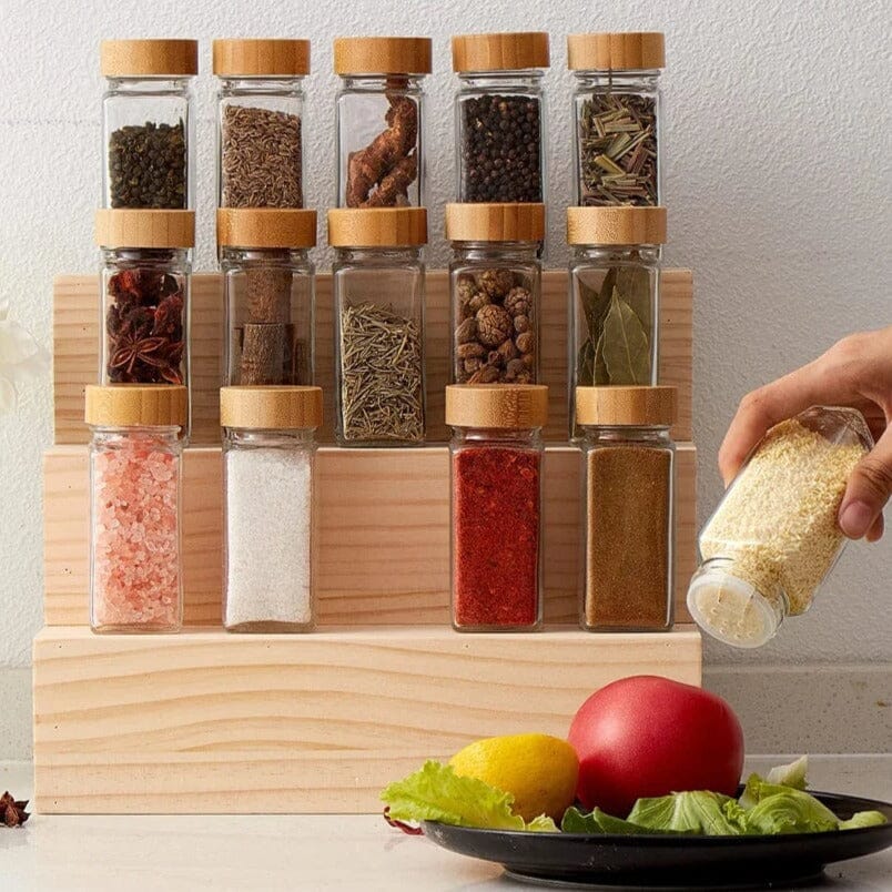 Conjunto De Potes Para Temperos De Vidro Com Tampa De Bambu Conjunto De Potes Para Temperos De Vidro Com Tampa De Bambu LightHousi 5 Potes+ Funil + Etiqueta + Marcador 
