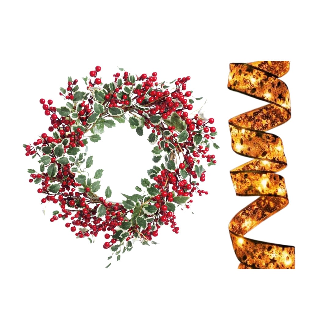 Kit 2x Natal Aramada com LED Dourada Fita de Natal Aramada com LED - Coleção Natal Design & Casa Fita de Natal Aramada + Guirlanda para Porta 