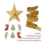 Kit Árvore de Natal - 2 Fitas de Led + 6 Pendentes Para Árvore + Estrela Topo Árvore Estrela Decorativa Dourada - Enfeite de Natal Brilhante Design & Casa 