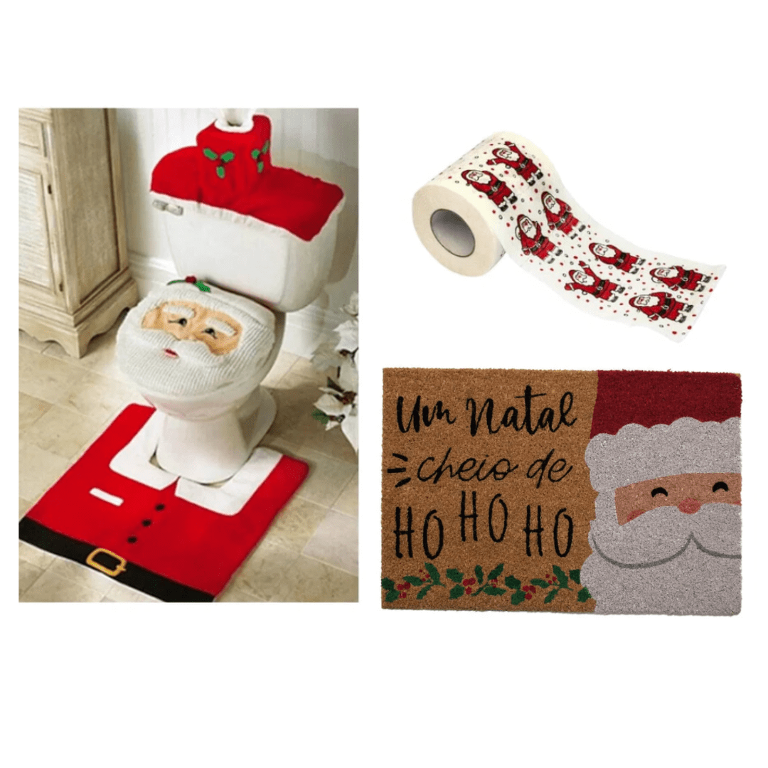 Kit de Decoração de Natal para Banheiro Kit de Decoração de Natal para Banheiro - Coleção Natal Design & Casa Papai Noel + Papel Higiênico + Capacho Feliz Natal Papai Noel 