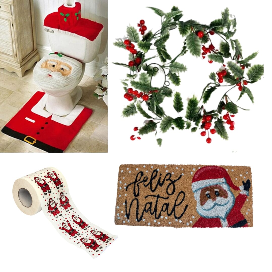 Kit de Decoração de Natal para Banheiro Kit de Decoração de Natal para Banheiro - Coleção Natal Design & Casa Papai Noel + Papel Higiênico + Capacho Feliz Natal Papai Noel + Guirlanda Com Pisca em Led 