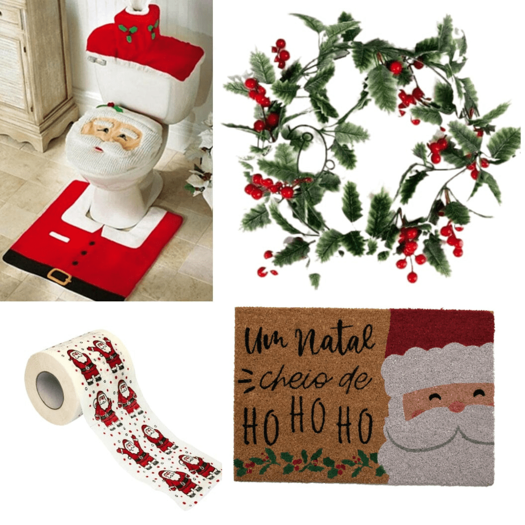 Kit de Decoração de Natal para Banheiro + Papel Higiênico Papai Noel Kit de Decoração de Natal para Banheiro - Coleção Natal Design & Casa Papai Noel + Papel Higiênico + Capacho Feliz Natal Papai Noel + Guirlanda Com Pisca em Led 