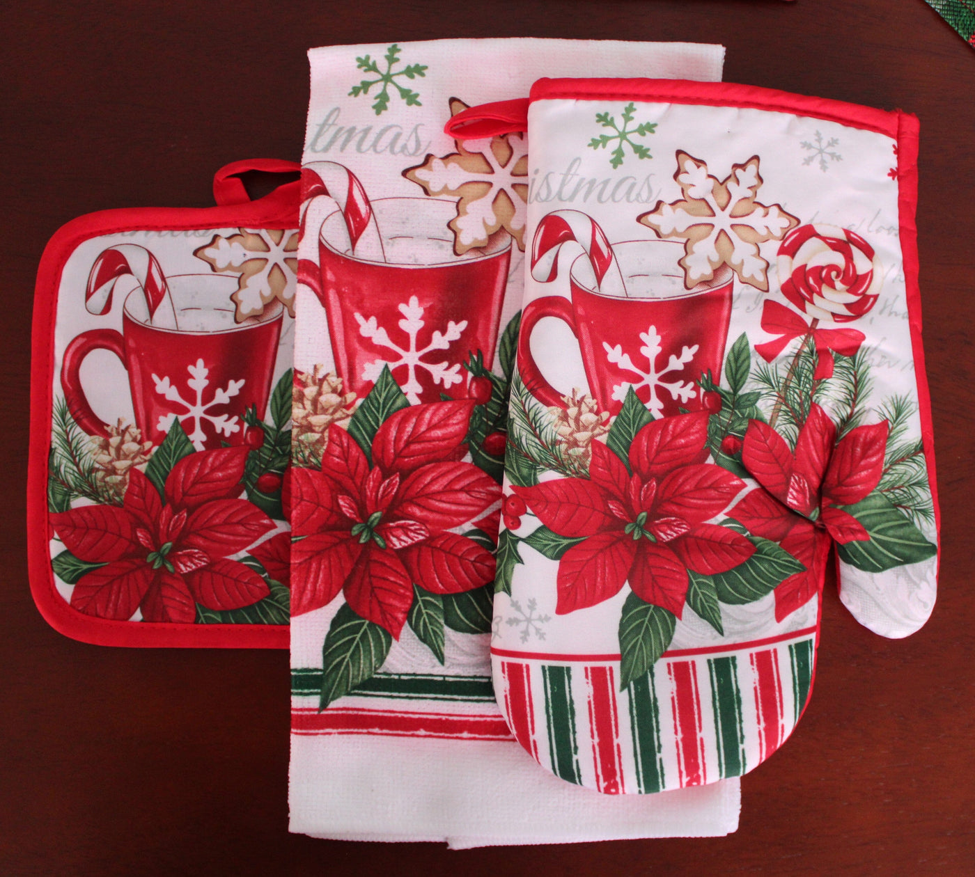 Kit Pano De Prato Luva E Pegador Flor de Natal Kit Pano De Prato Luva E Pegador Flor de Natal Design & Casa 