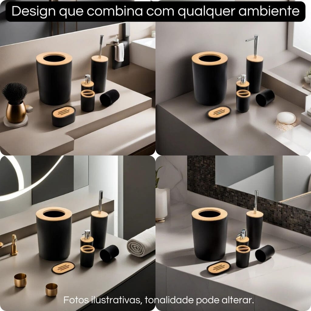 Kit para Banheiro Bambu Branco Luxo - 6 Peças Kit para Banheiro Bambu Branco - Diversas Peças - Coleção Banheiro Design & Casa 