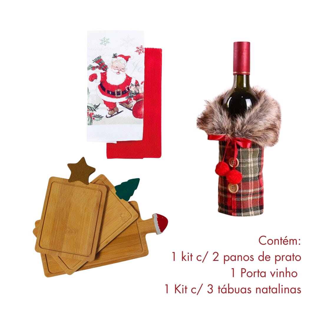 Kit Petiscos - Tábua de Frios 3pcs + Capa para Vinho + Bomboniere Presente Tábua de Carne com Decoração Natalina Design & Casa 