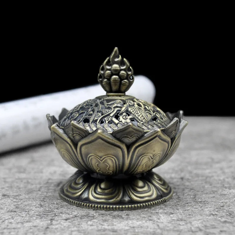 Lotus Flower Incense Burner Buddhism Buddha Holder Brass Mini Sandalwood Censer Incense Metal Craft Home Decoration Design & Casa A-Bronze 