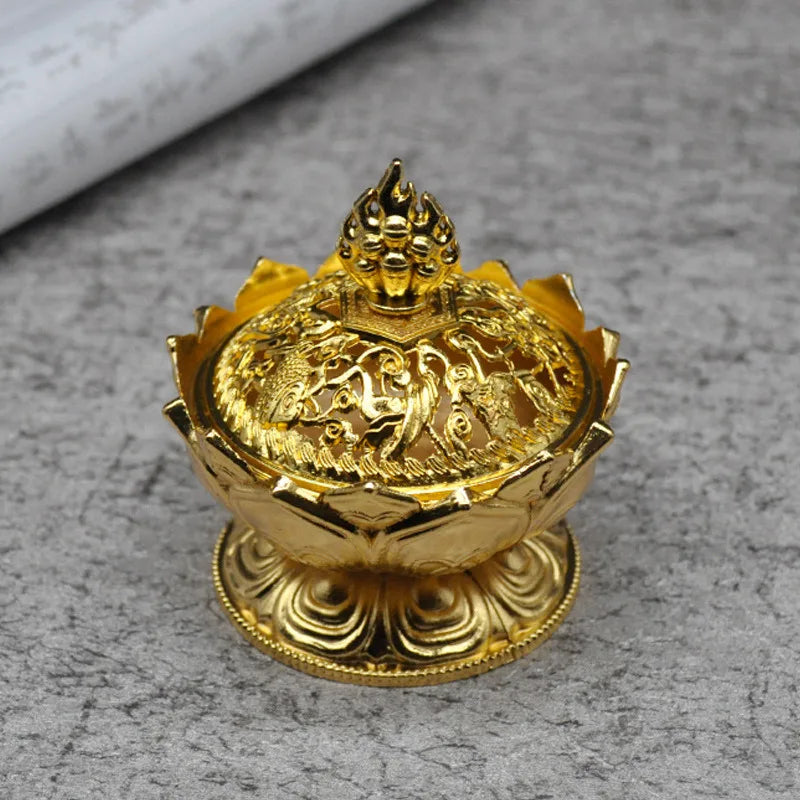 Lotus Flower Incense Burner Buddhism Buddha Holder Brass Mini Sandalwood Censer Incense Metal Craft Home Decoration Design & Casa A-Gold 