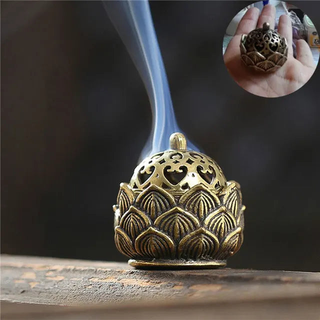 Lotus Flower Incense Burner Buddhism Buddha Holder Brass Mini Sandalwood Censer Incense Metal Craft Home Decoration Design & Casa D-tiny 