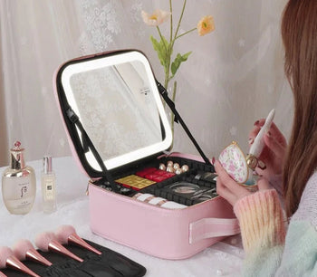 New LED Lighted Cosmetic Case with Mirror Waterproof PU Leather Portable Travel Makeup Storage Bags Design & Casa Pink LED Light 