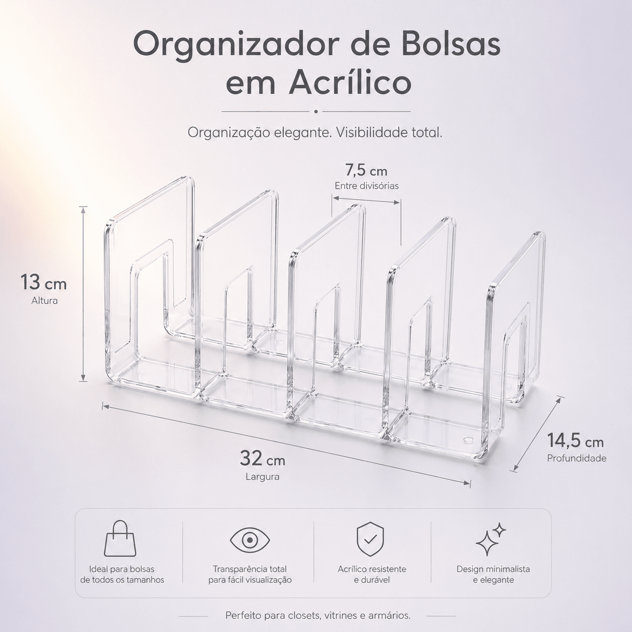 Organizador de Bolsas em Acrílico Com 3 Divisórias | Bolsas M Coleção Organização - Organizador De Acrílico Com Divisórias Para Bolsas LightHousi 