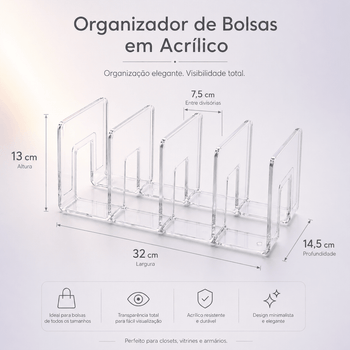 Organizador de Bolsas em Acrílico Com 3 Divisórias | Bolsas M Coleção Organização - Organizador De Acrílico Com Divisórias Para Bolsas LightHousi 