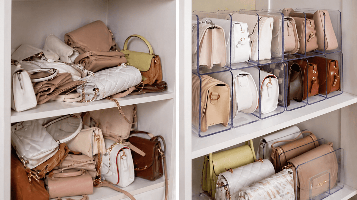 Bolsas organizadas em divisórias de acrílico transparente
