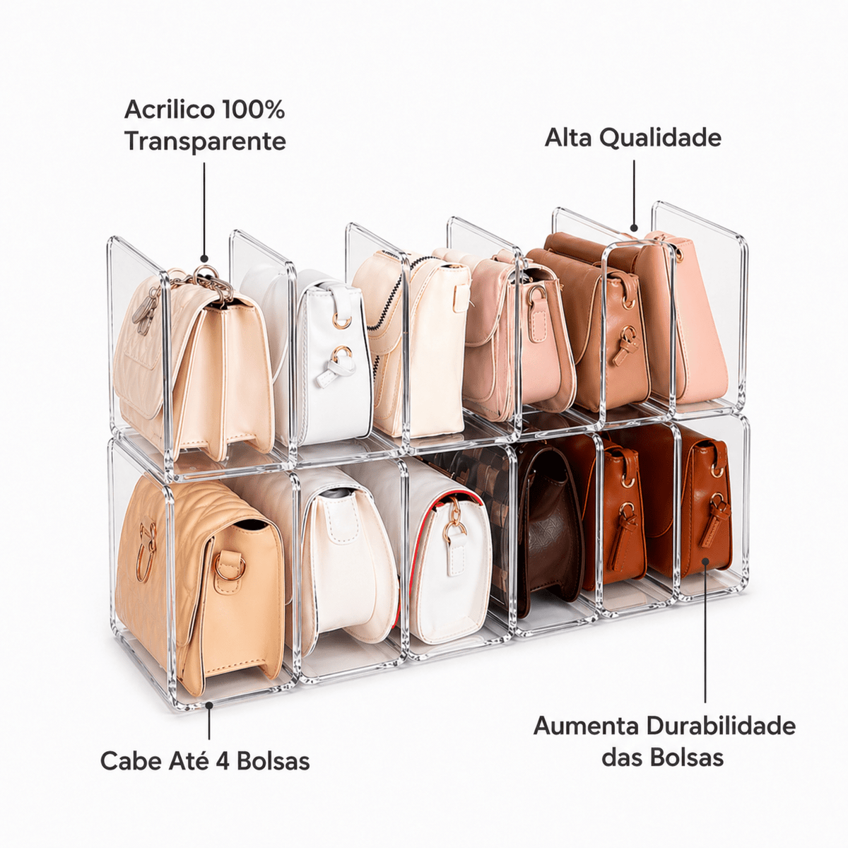 Closet organizado com módulos de acrílico empilháveis