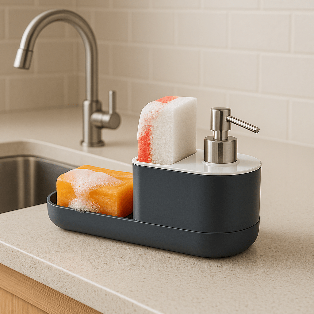 Organizador de Pia com Dispenser de Detergente e Suporte para Esponjas Coleção Cozinha- Organizador de Pia com Dispenser de Detergente e Suporte para Esponjas Design & Casa 