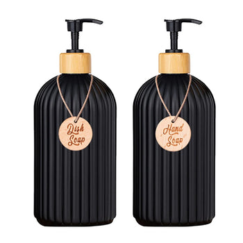 Strip Soap Dispenser with Bamboo Pump Refillable Shampoo Conditioner Hands and Dishes Soap Dispenser Bottle for Kitchen Bathroom Design & Casa 2pcs black 