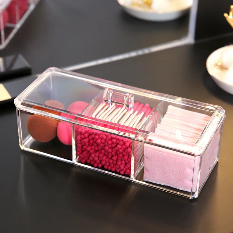 Transparent Cosmetic Storage Box Makeup Organizer Three-color Cotton Swab Cotton Pad Storage Box Desktop Acrylic Material Design & Casa 