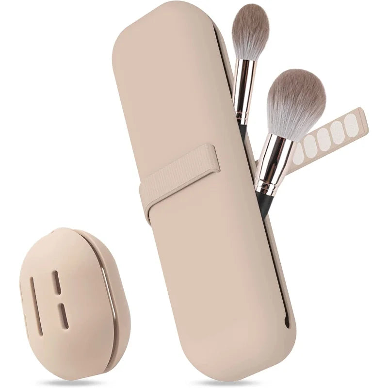 Travel Makeup Brush Holder, Silicone Cosmetic Brushes Bag, Makeup Sponge Case Portable Waterproof Makeup Tools for Women Girls Design & Casa Khaki 