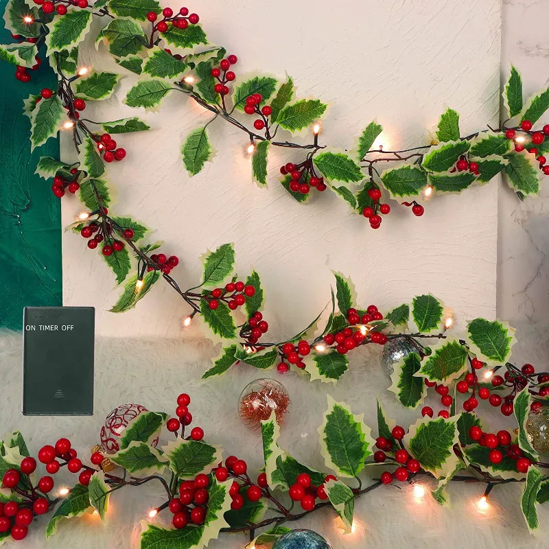 2M Christmas Garland with Light Artificial Red Berry Holly Leaves Ivy Vine Rattan Wreath for Christmas Tree Ornament Home Decors Design & Casa 