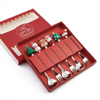 6/4/2PCS Christmas Gift Glod Spoon Fork Set Elk Christmas Tree Decoration Dessert Scoop Fruit Fork Coffee Spoon Cutlery Set Design & Casa 6PCS-Silver-C2 