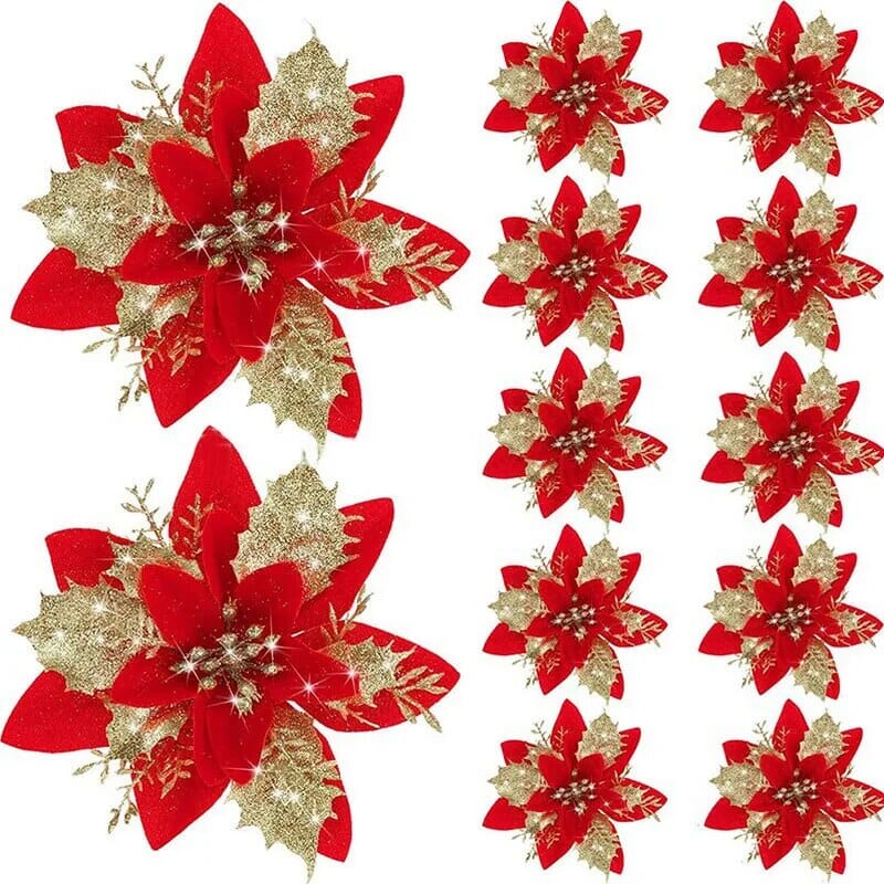 Glitter Artifical Christmas Flowers Mreey Christmas Tree Decoration Happy New Year Ornaments Xmas Fake Flowers Natal Design & Casa 