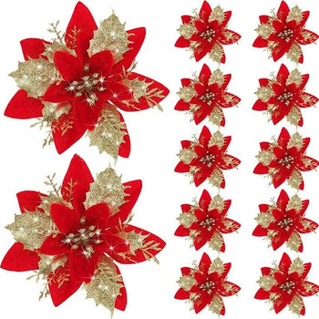 Glitter Artifical Christmas Flowers Mreey Christmas Tree Decoration Happy New Year Ornaments Xmas Fake Flowers Natal Design & Casa 