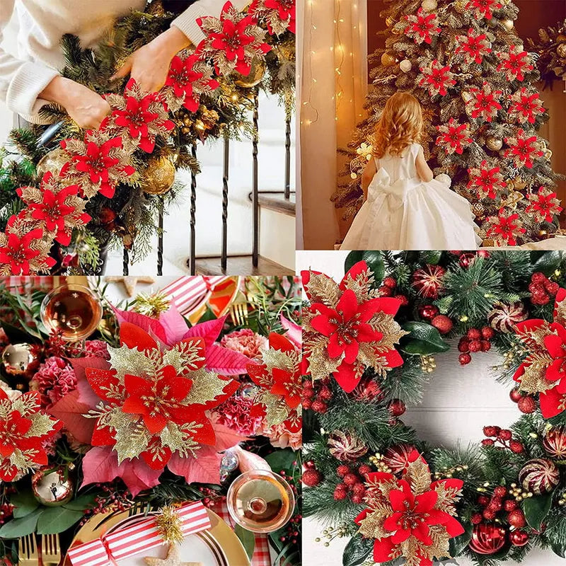 Glitter Artifical Christmas Flowers Mreey Christmas Tree Decoration Happy New Year Ornaments Xmas Fake Flowers Natal Design & Casa 