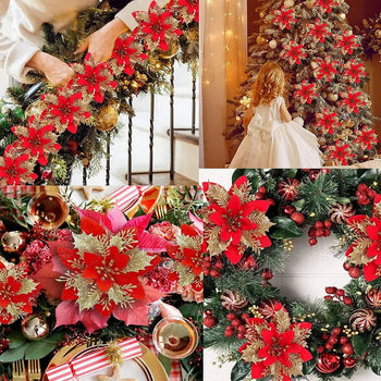 Glitter Artifical Christmas Flowers Mreey Christmas Tree Decoration Happy New Year Ornaments Xmas Fake Flowers Natal Design & Casa 