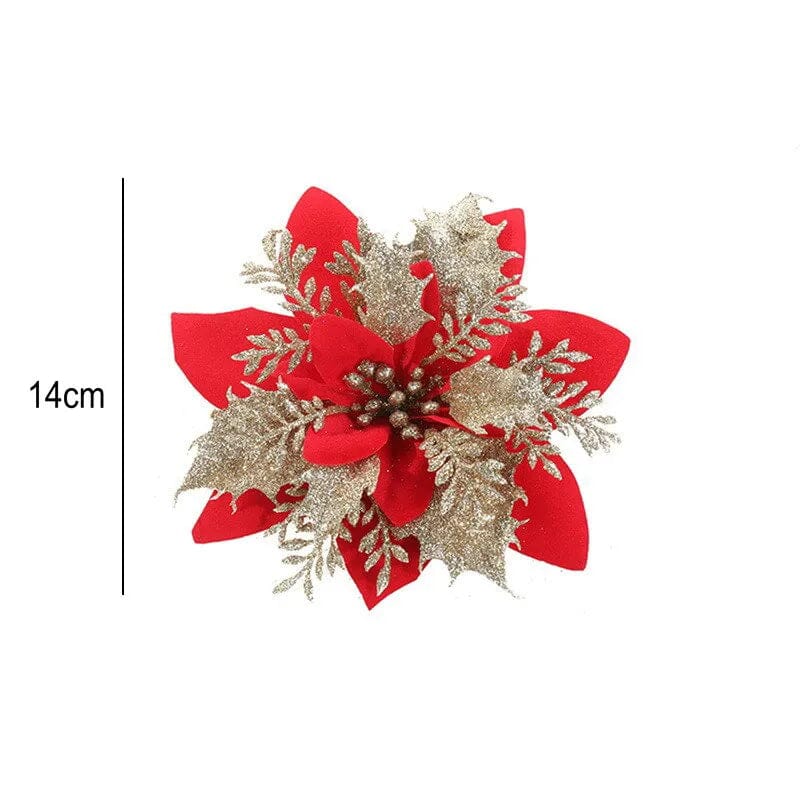Glitter Artifical Christmas Flowers Mreey Christmas Tree Decoration Happy New Year Ornaments Xmas Fake Flowers Natal Design & Casa gold red-1PCS 