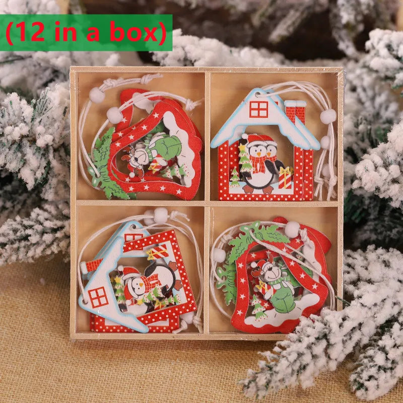 Hot 12PCS Christmas Snowflakes Wooden Pendants Xmas Tree Ornaments Home Hanging Decor Christmas Decoration For Home Navidad 2023 Design & Casa D-12Pieces 